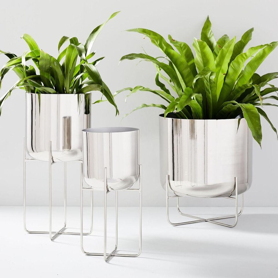 Spun Metal Standing Planters Chrome West Elm Australia